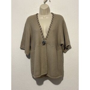 Womens Brown Open Front Cardigan 1 Button Sweater Short Sleeve Minimalist Layer